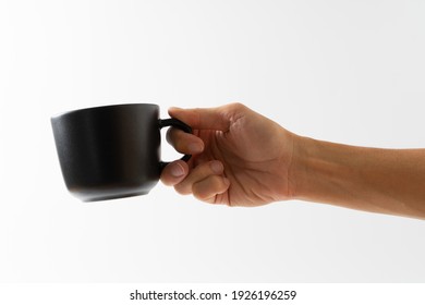 Hand Holding Black Color Cup Coffee On White Background