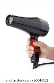 Hand Holding A Black Hairdryer With White Background