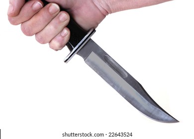 A Hand Holding A Black Handled Buck Knife On White Background