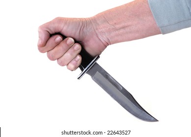 A Hand Holding A Black Handled Buck Knife On White Background