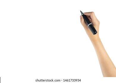 Hand Holding Black Magic Marker Pen Ready To Writing Something Isolated On White Background With Copy Space, Studio Shot