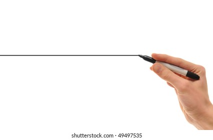 Hand Holding A Black Marker Drawing A Perfectly Straight Black Line On White Background