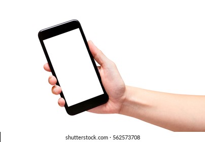 Hand Holding Black Mobile Phone With Blank Screen Isolated On White Background,Mock Up For Display Of Your Content Of Replace With Background