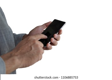 Hand Holding Black Phone Isolated Background On Black Clipping Path Inside. Bussiness Man Pointing Finger On Screen Smartphone On Isolate Background