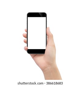 hand holding black phone isolated on white clipping path inside - Shutterstock ID 386618683