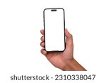 Hand holding the black smart phone 14 pro max with blank screen and modern frameless design in two rotated perspective positions - isolated on white background - Clipping Path