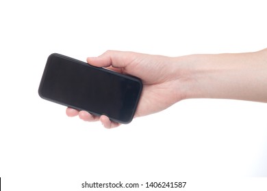 Hand Holding Black Smartphone With Blank Screen On White Backgroun. 