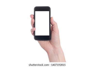 Hand Holding Black Smartphone With Blank Screen On White Backgroun. 