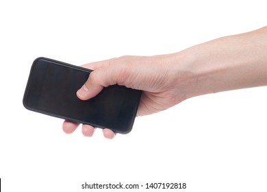 Hand Holding Black Smartphone With Blank Screen On White Backgroun. 