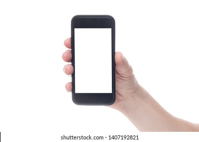 Hand Holding Black Smartphone With Blank Screen On White Backgroun. 