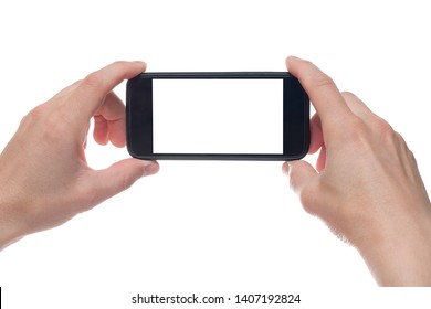 Hand Holding Black Smartphone With Blank Screen On White Backgroun. 