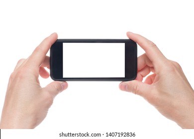 Hand Holding Black Smartphone With Blank Screen On White Backgroun. 