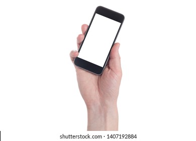 Hand Holding Black Smartphone With Blank Screen On White Backgroun. 