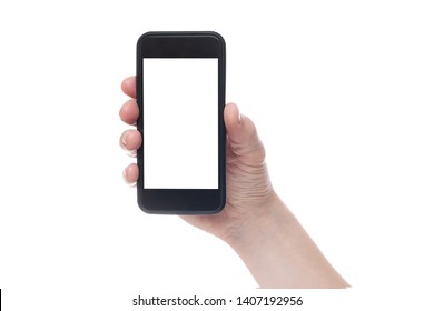 Hand Holding Black Smartphone With Blank Screen On White Backgroun. 