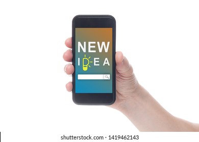 Hand Holding Black Smartphone With Blank Screen On White Backgroun. 