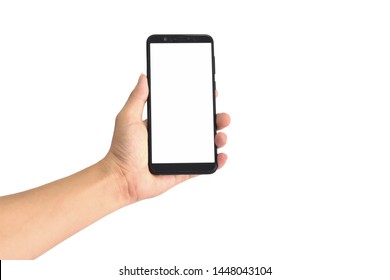 Hand holding black smartphone with blank screen, isolated on white background. - Shutterstock ID 1448043104