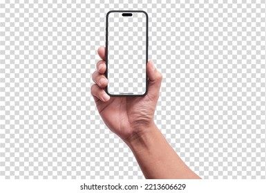 Hand holding the black smartphone blank screen and modern frameless design, hold Mobile phone on transparent background Ideal for marketing on  iphon 15 pro max