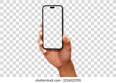 Hand Holding The Black Smartphone Blank Screen And Modern Frameless Design, Hold Mobile Phone On Transparent Background Ideal For Marketing 