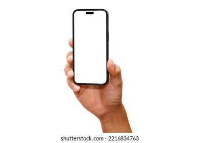 Hand Holding The Black Smartphone Blank Screen And Modern Frameless Design, Hold Mobile Phone On Transparent Background Ideal For Marketing 