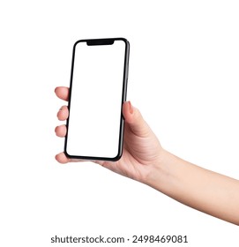 Hand holding the black smartphone with blank screen isolated on white background, clipping path. - Powered by Shutterstock