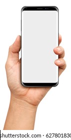 Hand Holding Black Smartphone With Blank Screen On White Background