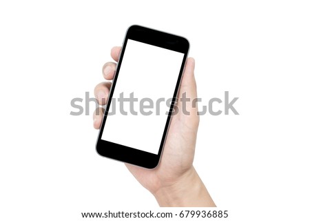Hand holding black smartphone with blank screen isolated on white background. Clipping path embedded.