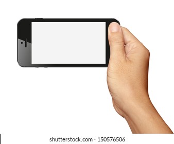 Hand Holding Black Smartphone In Horizontal On White Background