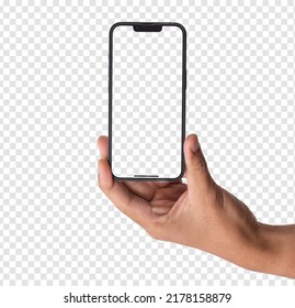 Hand Holding The Black Smartphone Iphone With Blank Screen And Modern Frameless Design, Hold Mobile Phone On Transparent Background Clipping Path, App Design Ui : Bangkok, Thailand - July 13, 2022