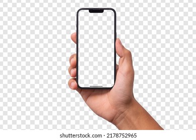 Hand Holding The Black Smartphone Iphone With Blank Screen And Modern Frameless Design, Hold Mobile Phone On Transparent Background Clipping Path, App Design Ui : Bangkok, Thailand - July 13, 2022