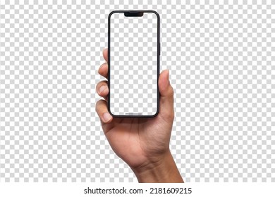 Hand holding the black smartphone iphone with blank screen and modern frameless design, hold Mobile phone on transparent background Clipping Path, app design ui : Bangkok, Thailand - July 13, 2022