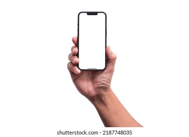 Hand holding the black smartphone iphone with blank screen for Infographic Global Business web site design app iphonex , iphon - Clipping Path : Bangkok, Thailand - July 13, 2022