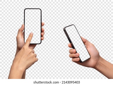 Hand holding the black smartphone phone with blank screen and modern frameless design, hold Mobile phone on transparent background Ideal for marketing, app design, UI and UX - include clipping path. - Shutterstock ID 2143095403