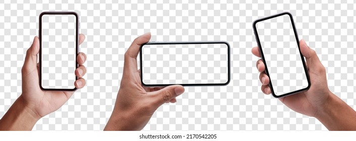 Hand holding the black smartphone phone with blank screen and modern frameless design, hold Mobile phone on transparent background Ideal for marketing, app design, UI and UX - include clipping path. - Shutterstock ID 2170542205
