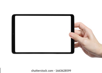 Hand Holding Black Tablet, Isolated On White Background