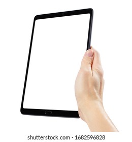 Hand Holding Black Tablet, Isolated On White Background