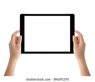 hand holding black tablet isolated on white clipping path inside easy adjustment