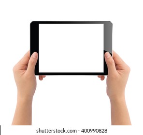 Hand Holding Black Tablet Isolated On White Clipping Path Inside Easy Adjusment