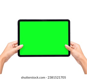 Hand Holding Black Tablet Pad Screen with black tablet computer, isolated on green screen background. Watching screen on Gadget presentation Mockup. - Powered by Shutterstock