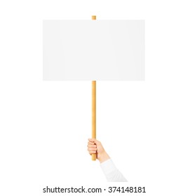 Hand holding blank banner mock up on wood stick isolated. Empty board plank holder in hands. Holding sign up. Clear signal stick. Man person with placard signal. Protesters people on picket strike. - Shutterstock ID 374148181