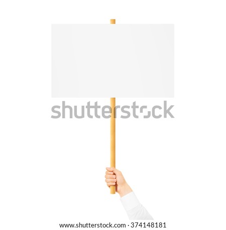 Hand holding blank banner mock up on wood stick isolated. Empty board plank holder in hands. Holding sign up. Clear signal stick. Man person with placard signal. Protesters people on picket strike.