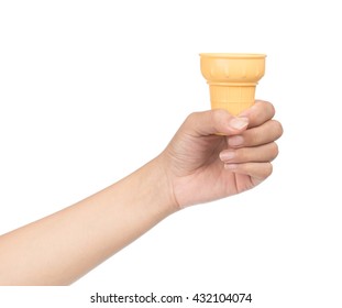 Hand Holding Blank Crispy Ice Cream Cone Isolated On White Background