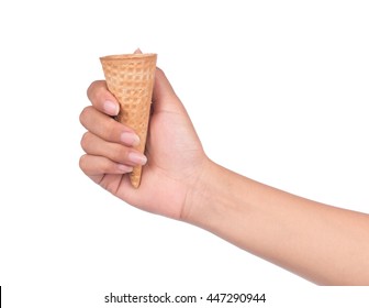 Hand Holding Blank Crispy Ice Cream Cone Isolated On White Background.