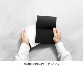 Hand Holding Blank Envelope And Black Letter Mockup, Isolated. Arm Hold Grey Brochure Template Mock Up. Greeting Card Leaflet Surface Design. Invitation Print Display Show. Reading Writing Envelope.