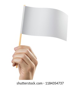 Hand Holding Blank Flag, Isolated On White Background