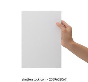 Hand Holding Blank Paper Isolated On White Background With Clipping Path, Poster Mockup.