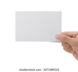 Hand Holding Blank Paper Isolated On White Background With Clipping Path, Greeting Card Mockup.
