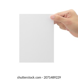 Hand Holding Blank Paper Isolated On White Background With Clipping Path, Greeting Card Mockup.