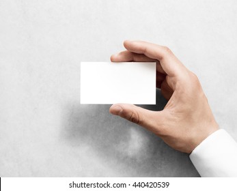 Hand Holding Blank Plain White Business Card Design Mockup. Clear Call Id Card Mock Up Template Hold Arm. Visit Pasteboard Paper Surface Display Front. Small Pure Offset Namecard Print. Logo Branding