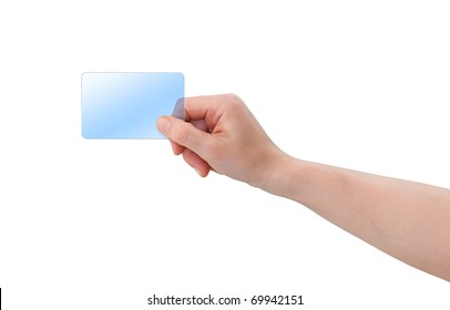 Hand Holding Blank Transparent Blue Plastic Business Card With Copy-space, Isolated On White