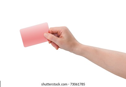 Hand Holding Blank Transparent Red Plastic Business Or Credit Card With Copy-space, Isolated On White